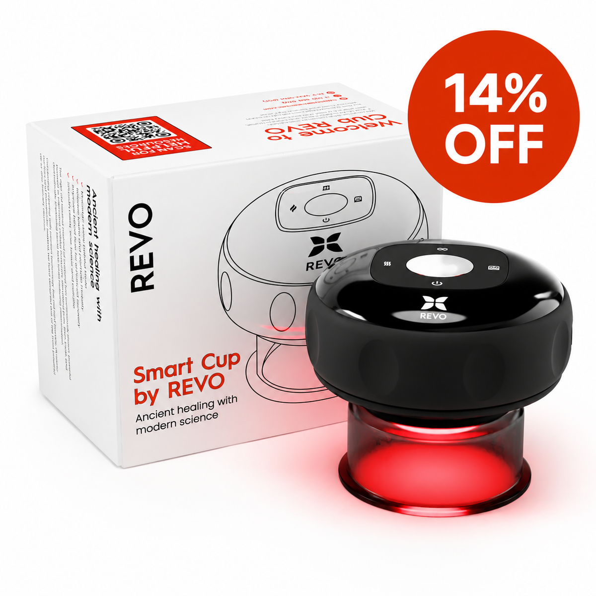 REVO Smart Cupping Massager with red light and product packaging