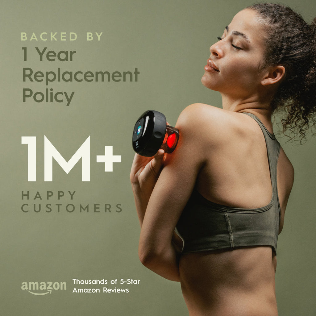Woman using REVO Smart Cupping Massager on shoulder
