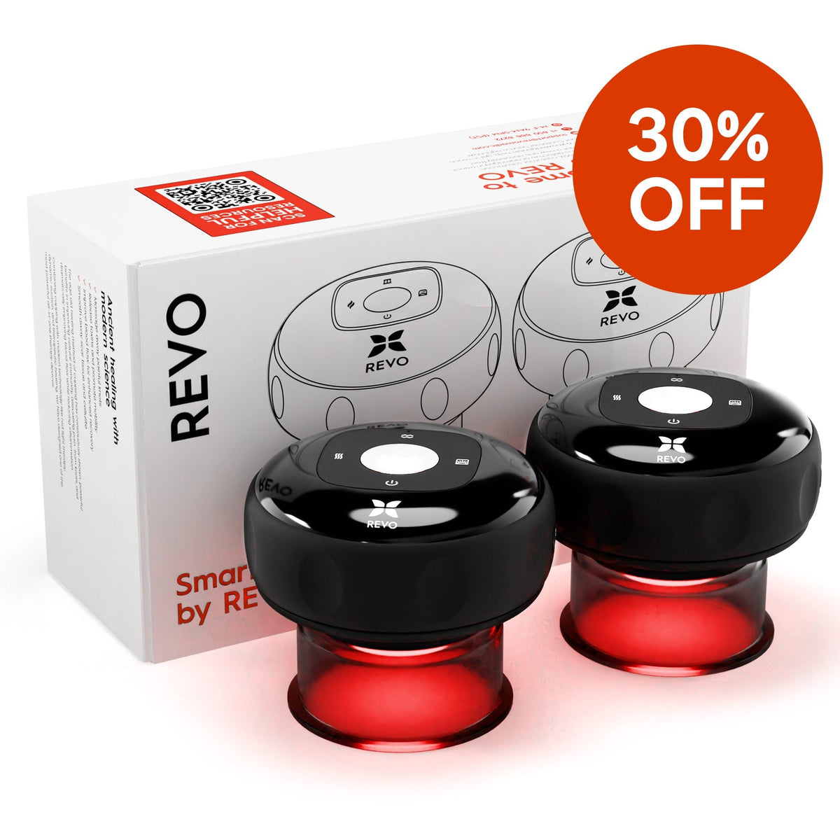 Two REVO Smart Cupping Massagers with product packaging
