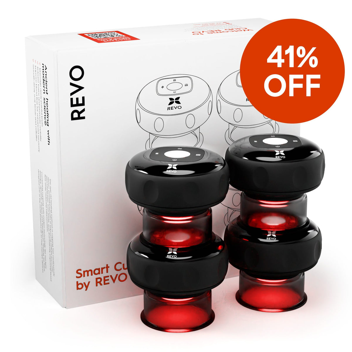 Four REVO Smart Cupping Massagers with red light and product packaging